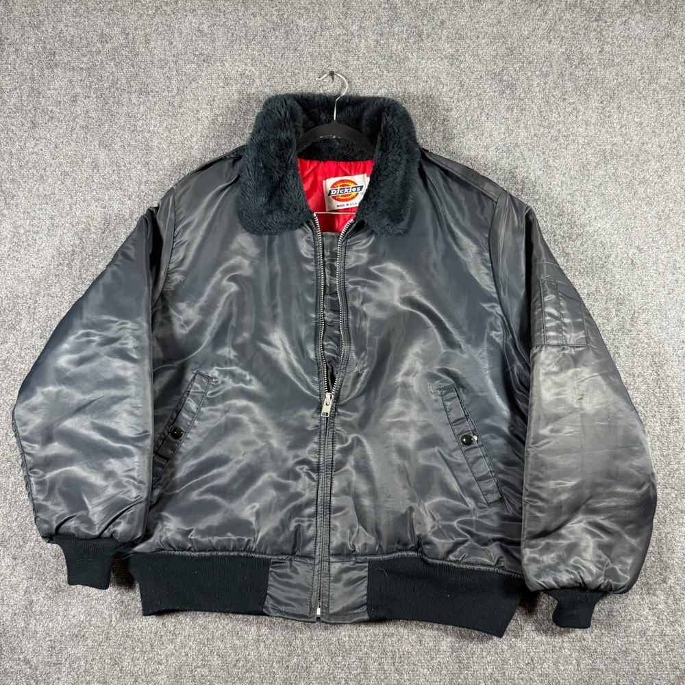 Vintage Dickies Bomber Jacket Mens Large Black Faux Fur Collar USA Made